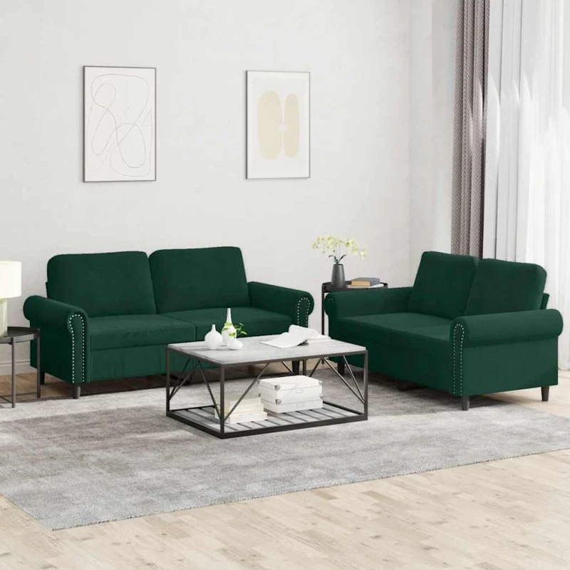 Sofasæt 2 dele i mørkegrøn velour med hynder