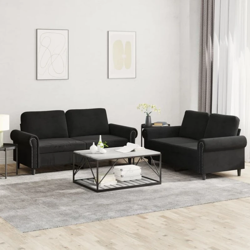 Sofasæt 2-dele i sort velour med hynder