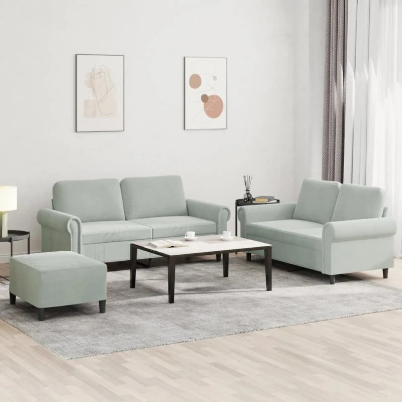 Velour sofasæt 3 dele med hynder, lysegrå