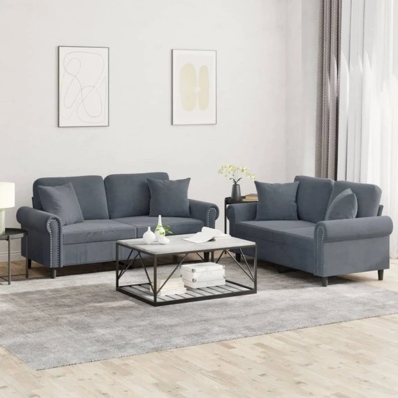 Sofasæt 2 dele i mørkegrå velour med puder