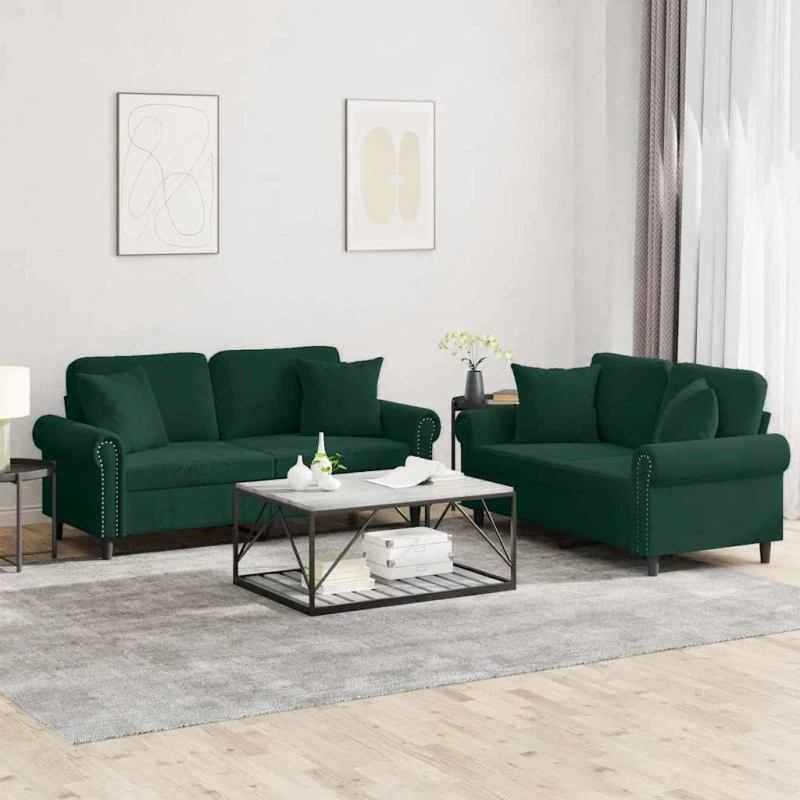 Sofasæt 2-dele i mørkegrøn velour med puder