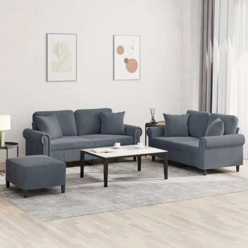 Sofasæt 3 dele i mørkegrå velour med puder