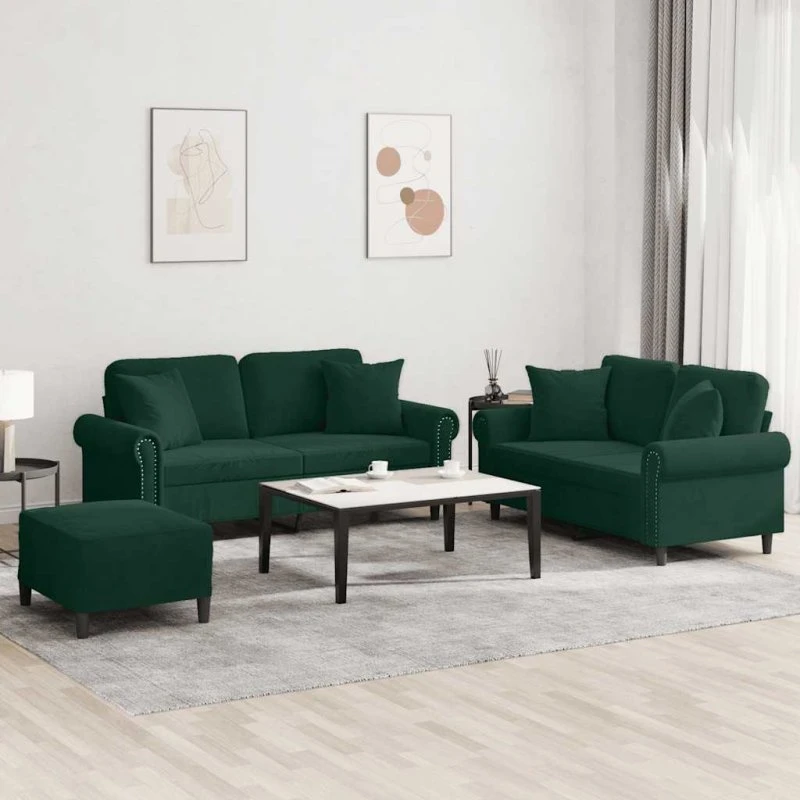 Sofasæt 3 dele i mørkegrøn velour med puder