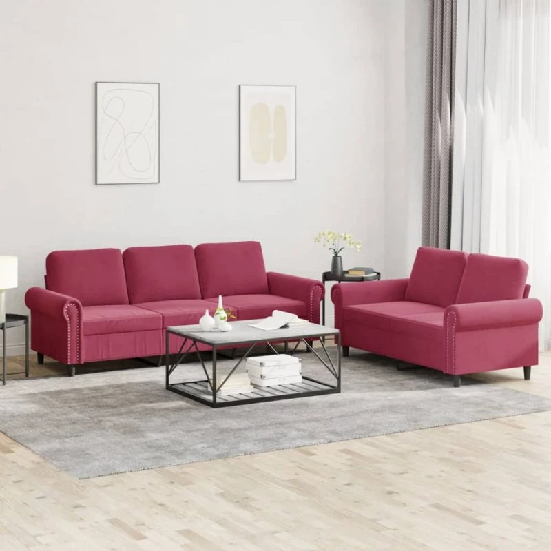 Sofasæt 2 dele i vinrød velour med hynder