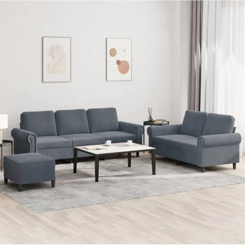Sofasæt 3 dele i mørkegrå velour