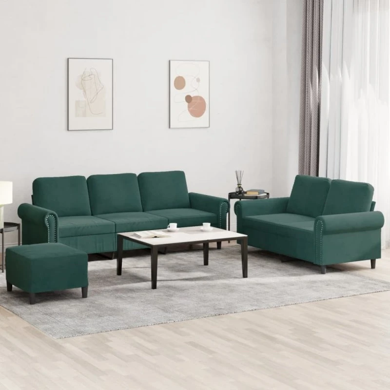 3-dele velour sofasæt med hynder, mørkegrøn