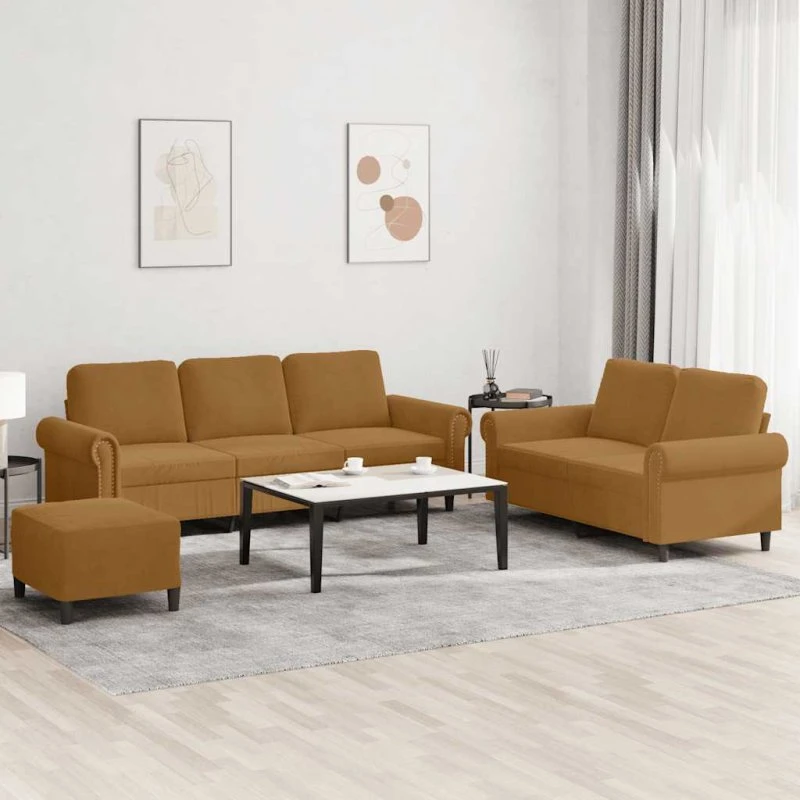 Sofasæt 3 dele i brun velour med hynder