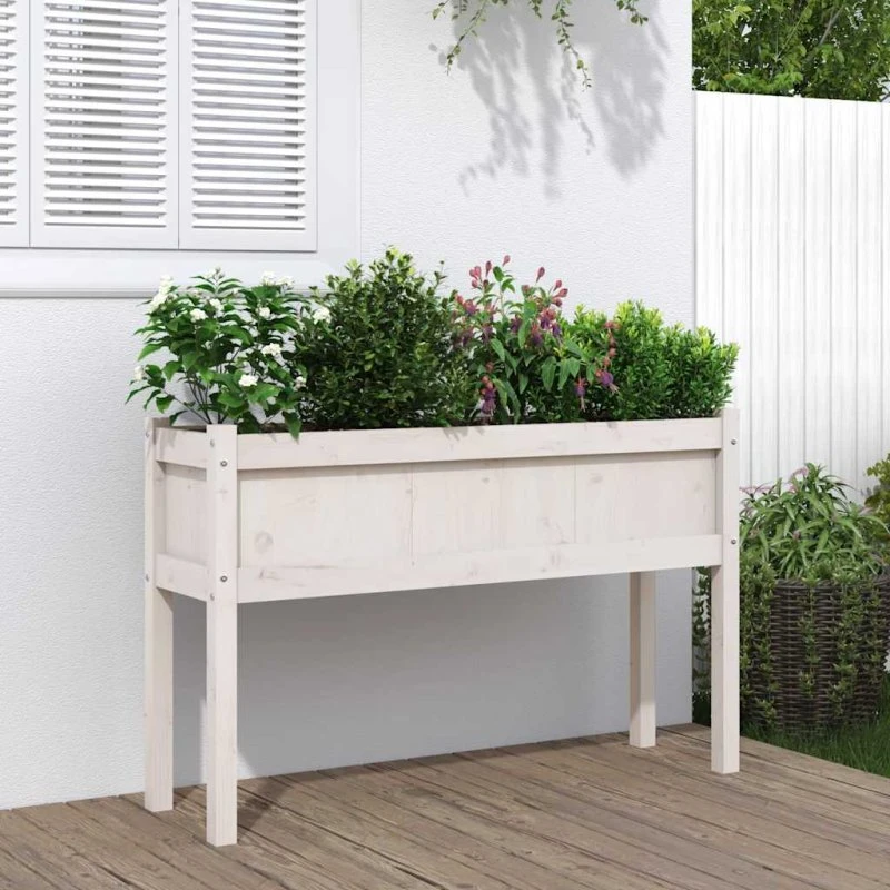 Plantekasse med ben 110x31x70 cm i hvidt fyrretræ