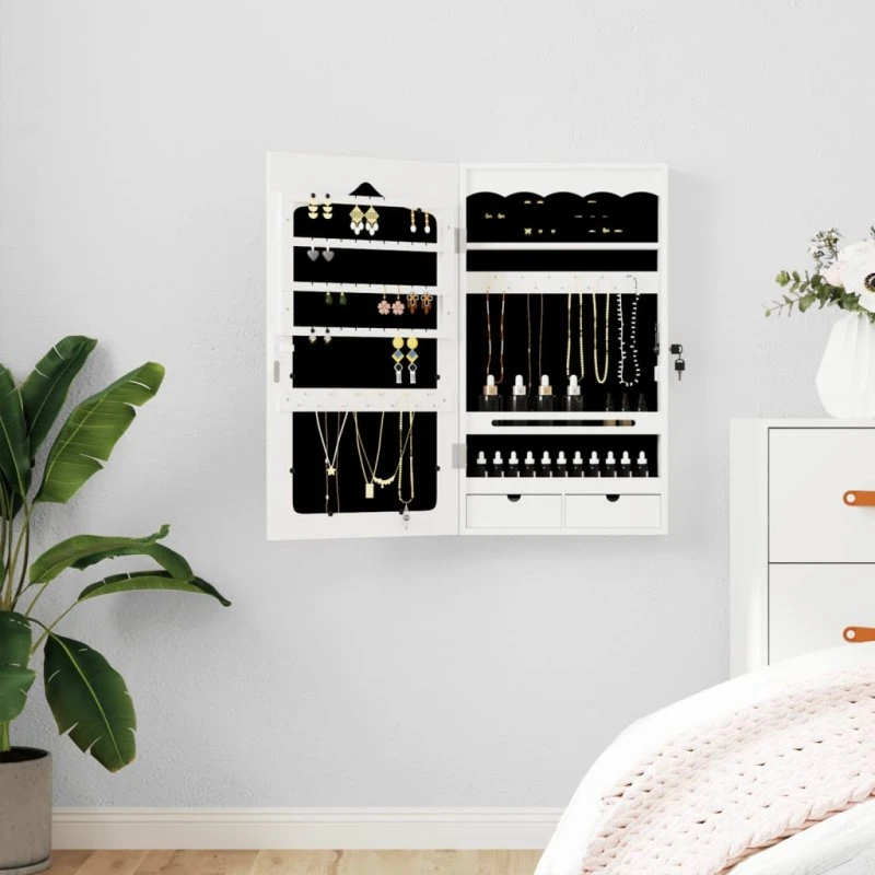 Væghængt smykkeskab med spejl 37,5x10x67 cm - hvid