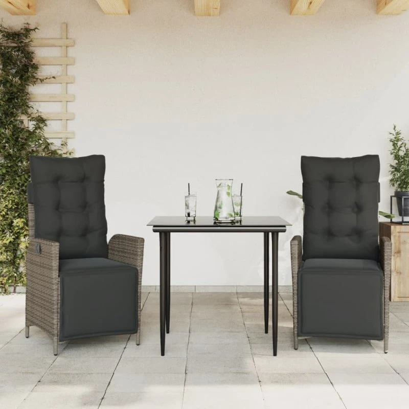 Spisebordssæt i polyrattan 3 dele med hynder, grå