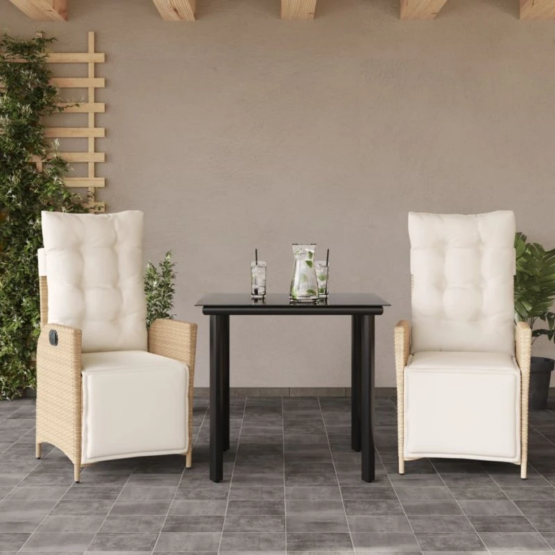 3-delers spisebordssæt i beige polyrattan med hynder