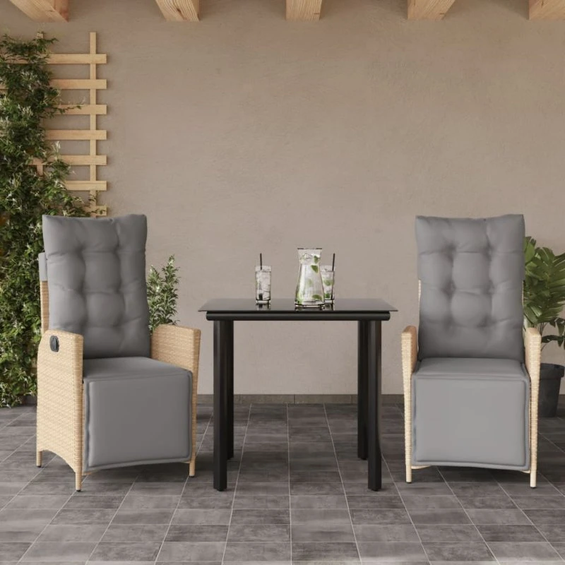 Havemøbelsæt polyrattan 3 dele med hynder - beige