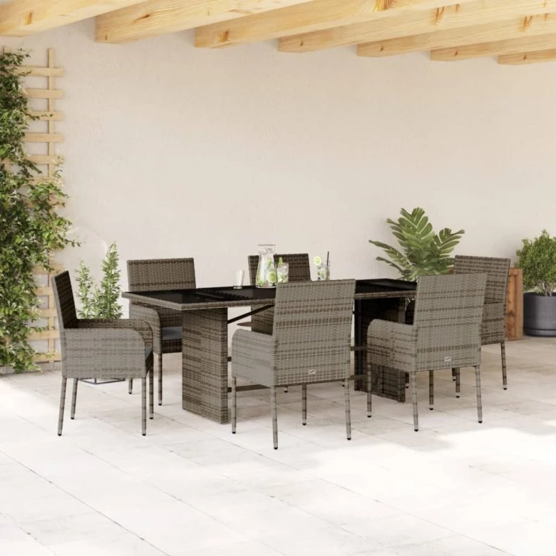 Havesæt 7 dele i polyrattan med hynder, grå