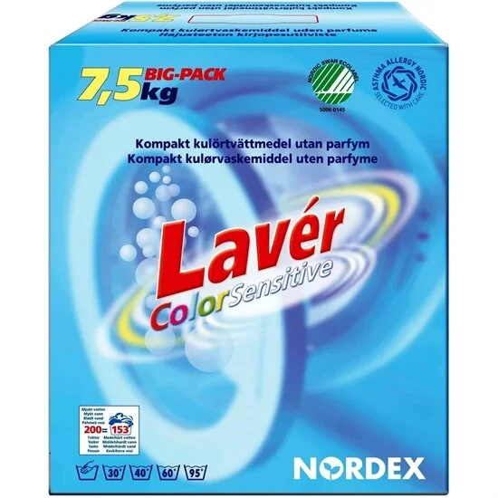 Nordex Lavér Vaskepulver Color Sensitive Parfumefri 7,5 kg