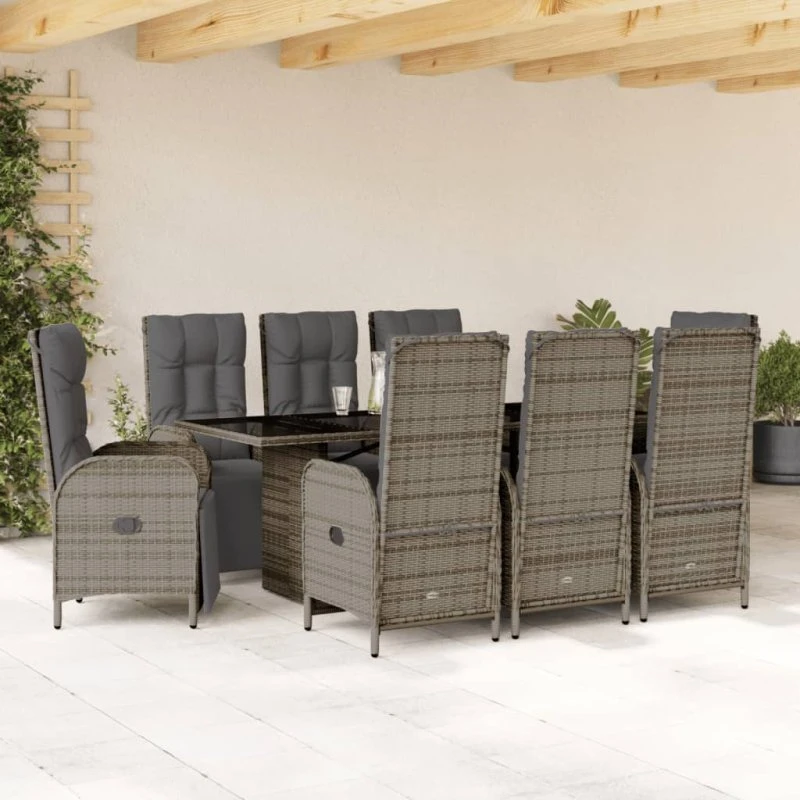 Spisebordssæt i polyrattan 9 dele med hynder – grå