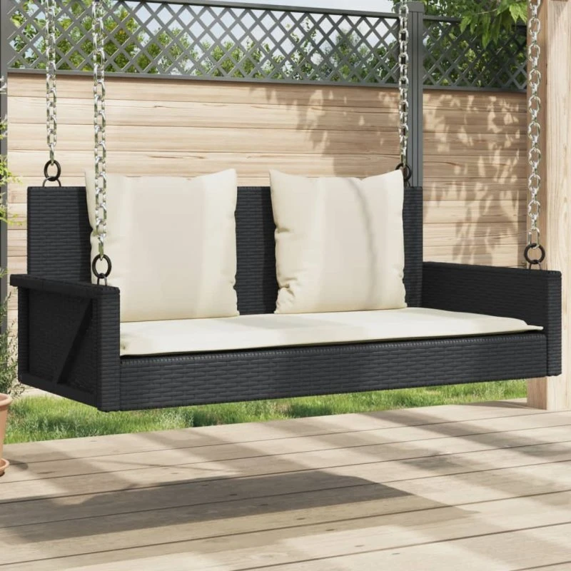 Gyngebænk i sort polyrattan med hynder 119x56x48 cm