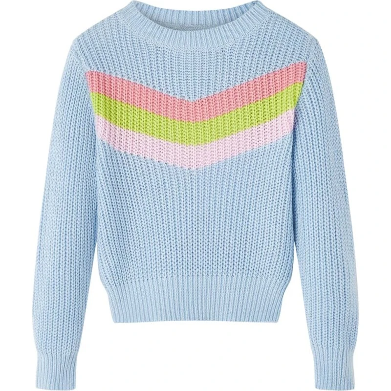 Strikket børnesweater blå med V-mønster, str. 128