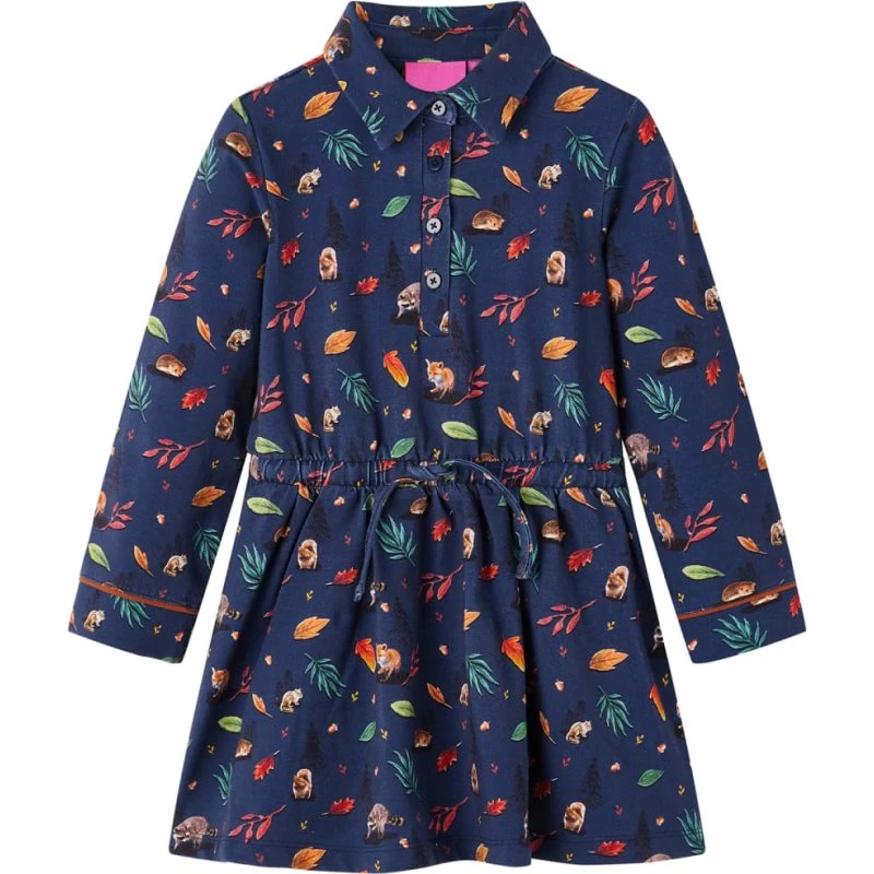 Langærmet kjole til børn str. 104 – marineblå bladprint