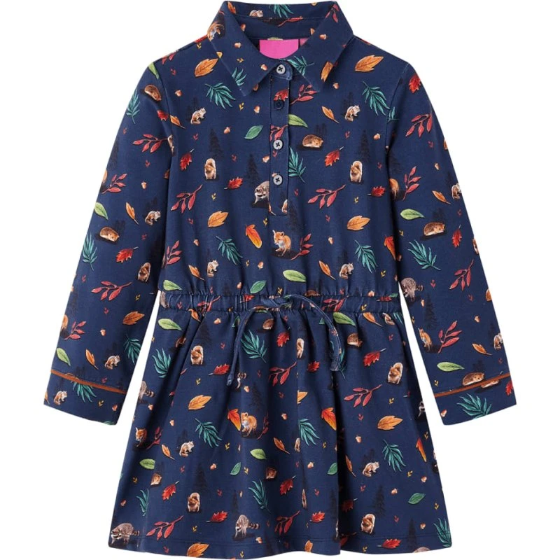 Langærmet pige kjole med bladprint, str. 116 – marineblå