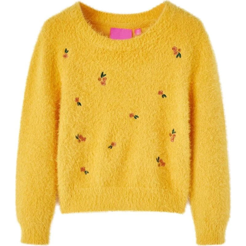 Strikket børnesweater okkergul str. 140