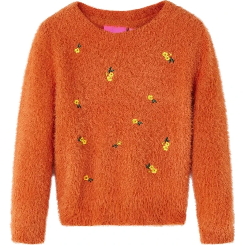 Børne striktrøje 128 - Orange med blomsterbroderi