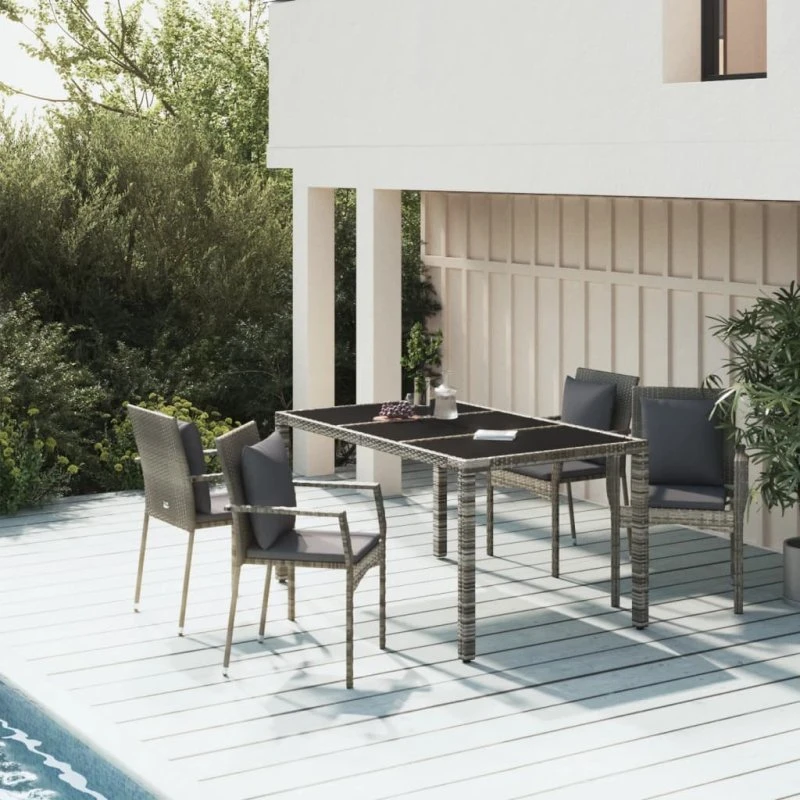 Spisebordssæt til have 5 dele i grå polyrattan med hynder