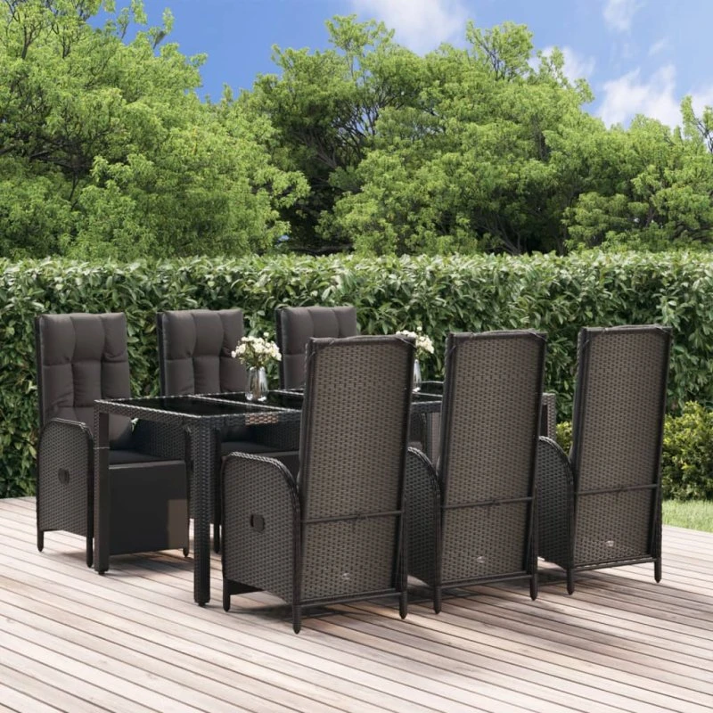 Spisebordssæt i polyrattan 7 dele med hynder, sort