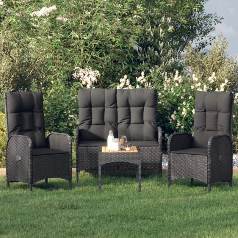 Spisebordssæt i polyrattan 4 dele med hynder - sort