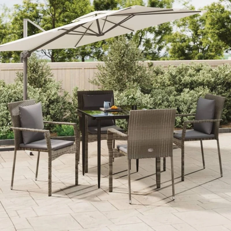 Spisebordssæt polyrattan 5 dele med hynder - sort/grå