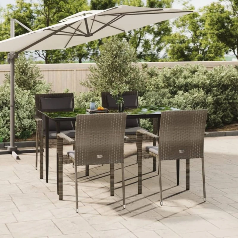 Spisebordssæt 5 dele i polyrattan sort/grå med hynder