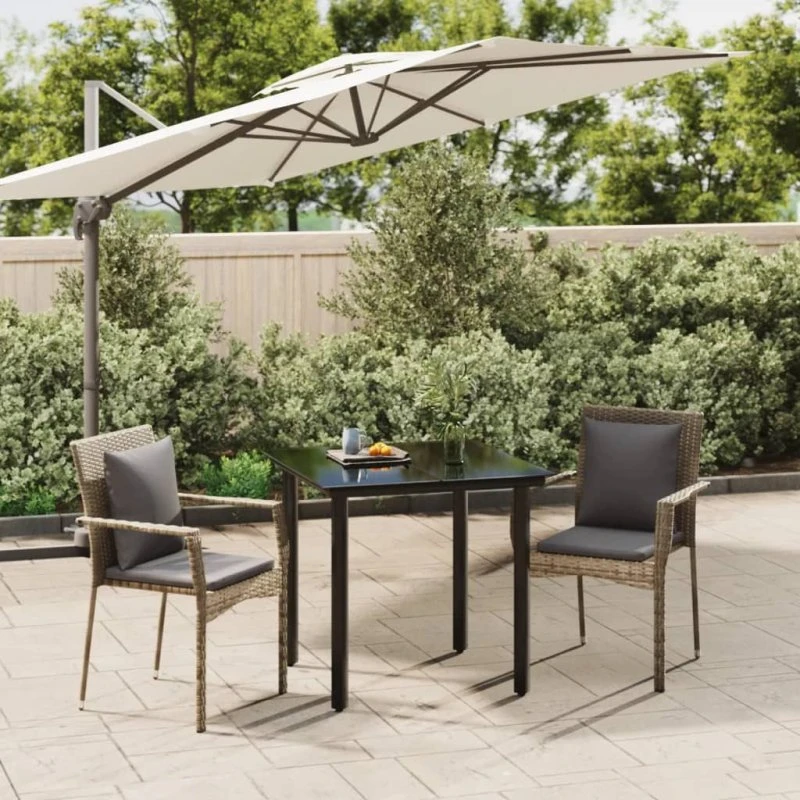Polyrattan spisebordssæt 3 dele med hynder – sort/grå