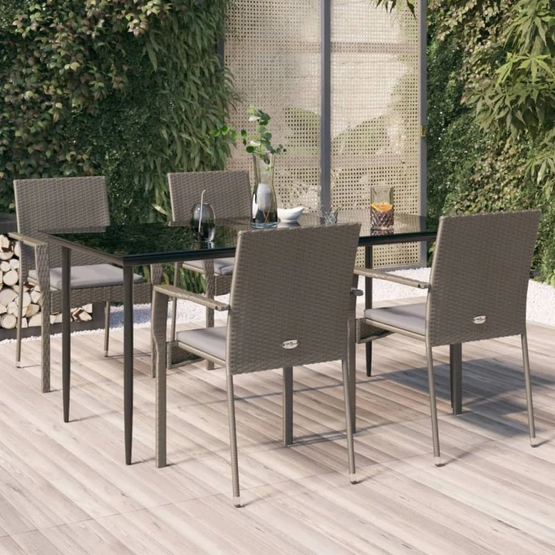 Spisebordssæt i polyrattan 5 dele med hynder – sort/grå