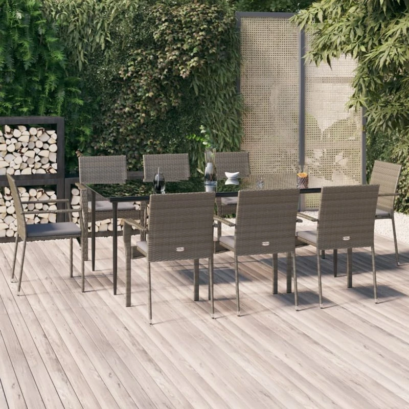 Spisebordssæt i polyrattan 9 dele – sort/grå med hynder