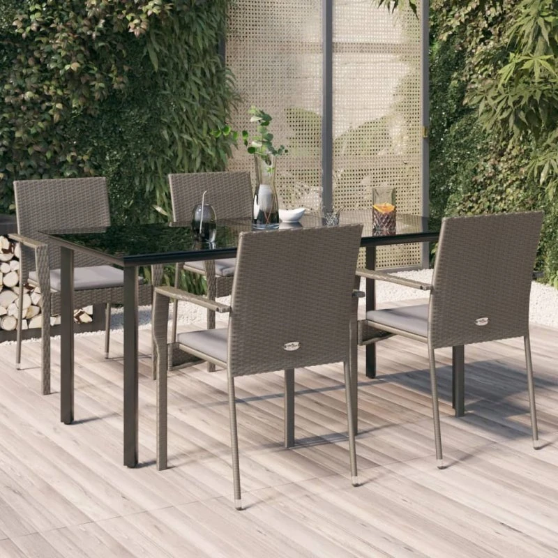 Spisebordssæt i polyrattan 5 dele med hynder – sort/grå