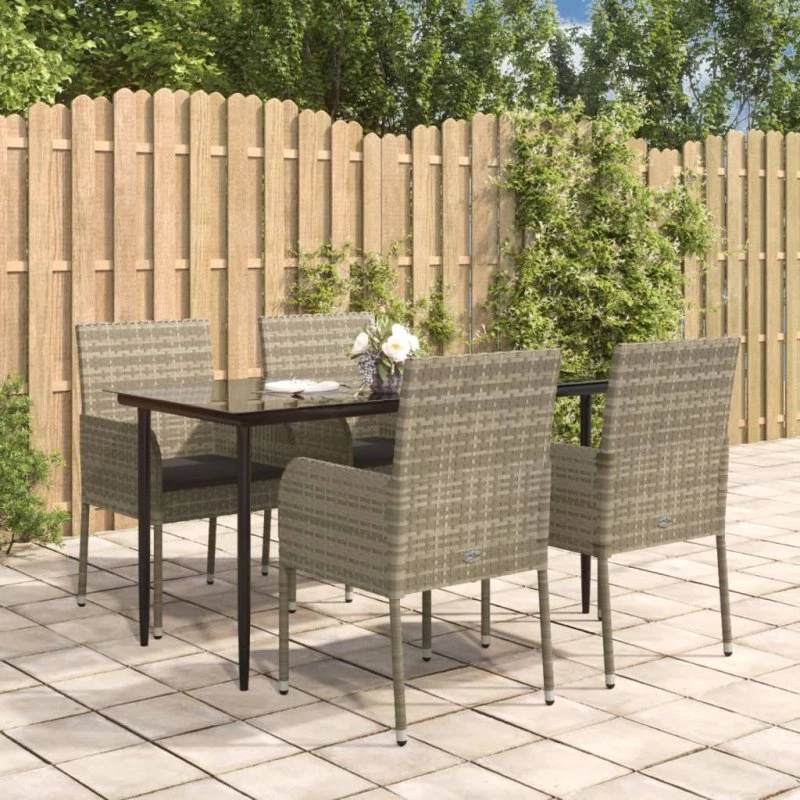 Spisebordssæt i polyrattan 5 dele med hynder – sort/grå