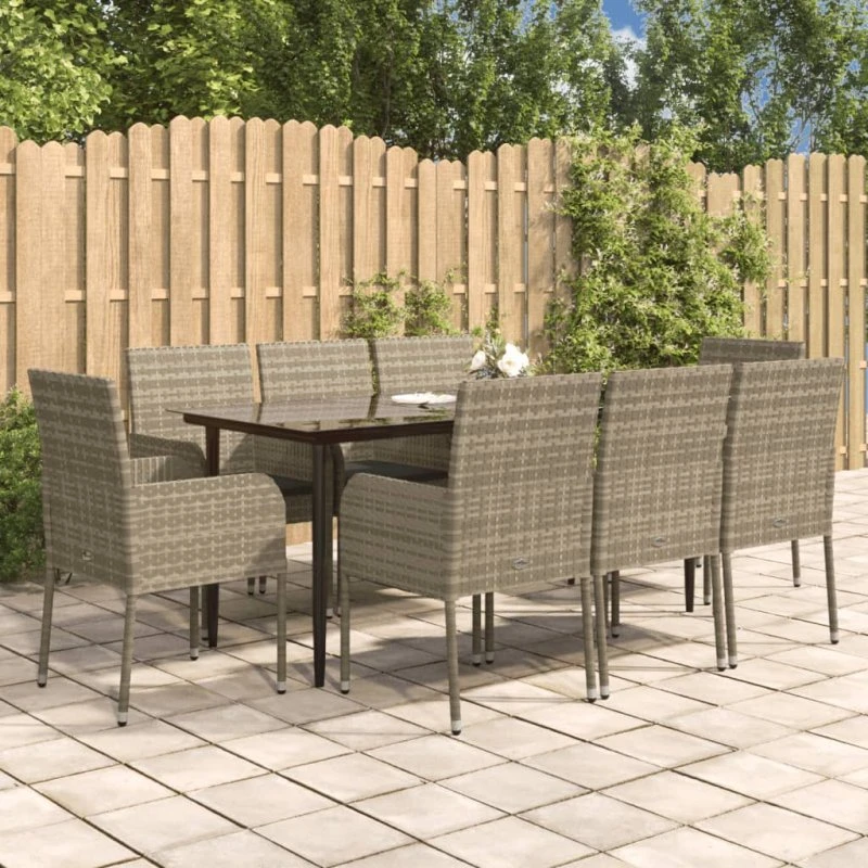 Spisebordssæt til haven 9 dele i sort/grå polyrattan