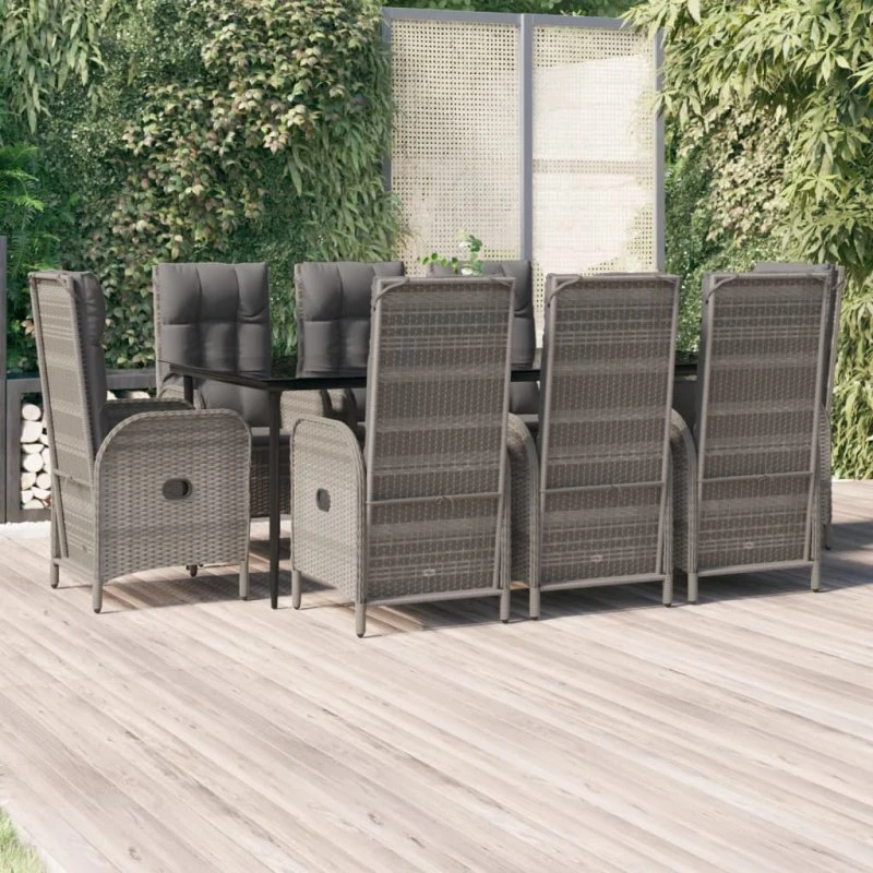 Spisebordssæt i polyrattan 9 dele med hynder – sort/grå