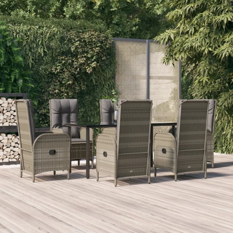 Havemøbelsæt 7 dele i sort/grå polyrattan med hynder