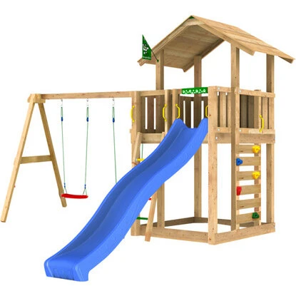 Jungle Gym Chalet 2.1 legetårn med blå rutsjebane & gyngestativ