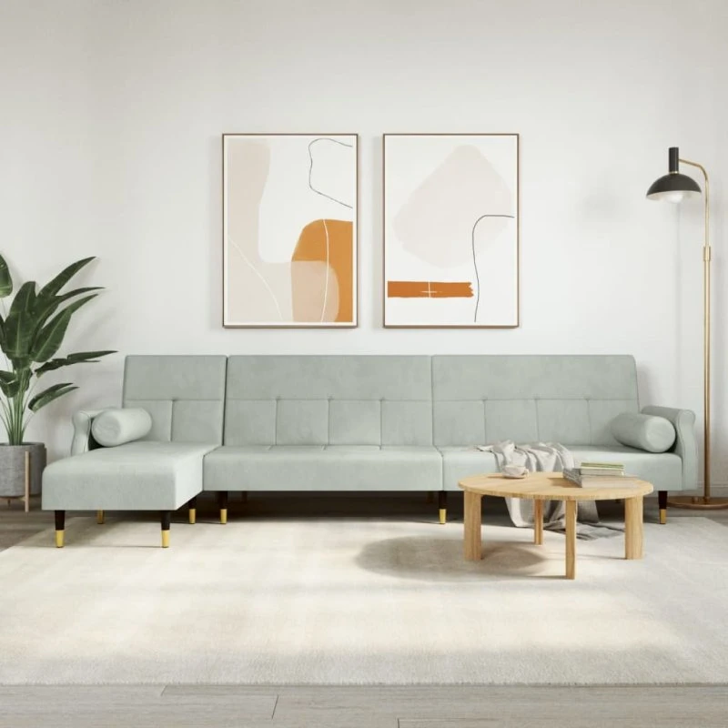 L-formet sovesofa 271x140x70 cm velour - Lysegrå