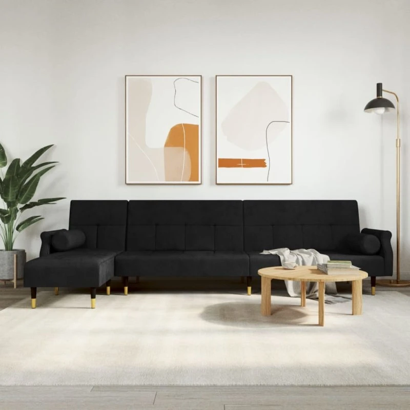 L-formet velour sovesofa 271x140x70 cm – sort