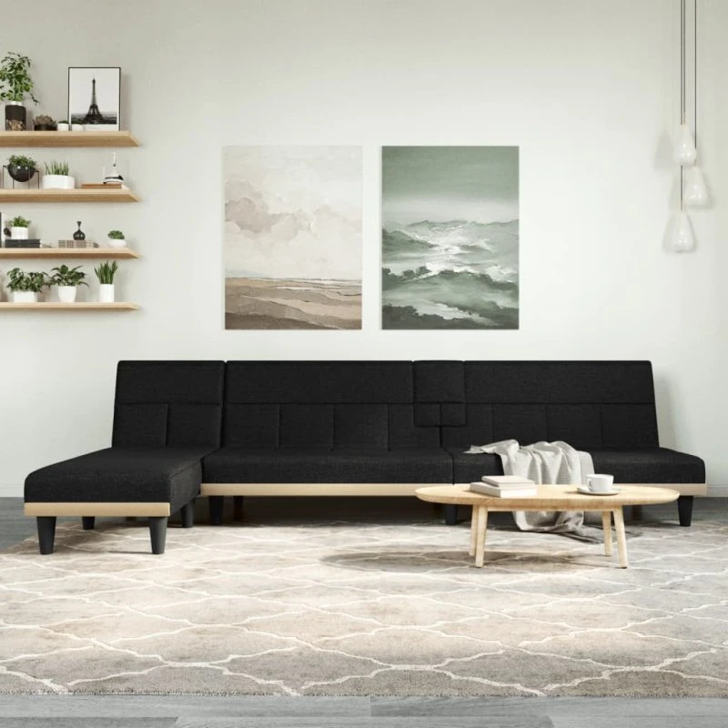 L-formet sovesofa 255x140x70 cm – sort stof