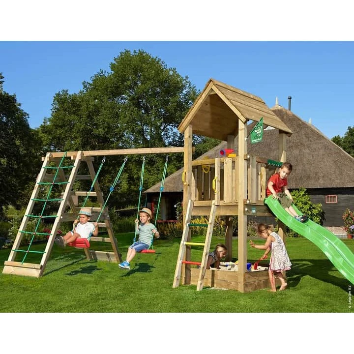 Jungle Gym Club 2.1 legetårn med grøn rutsjebane og gynger