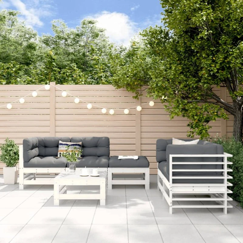 Loungesæt 6 dele i massivt fyrretræ – hvidt lameldesign