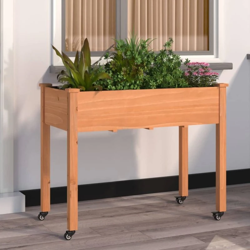 Plantekasse i massivt fyrretræ 118x59x80 cm med foring og hjul