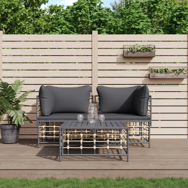 Loungesæt til haven 3 dele i polyrattan - antracitgrå