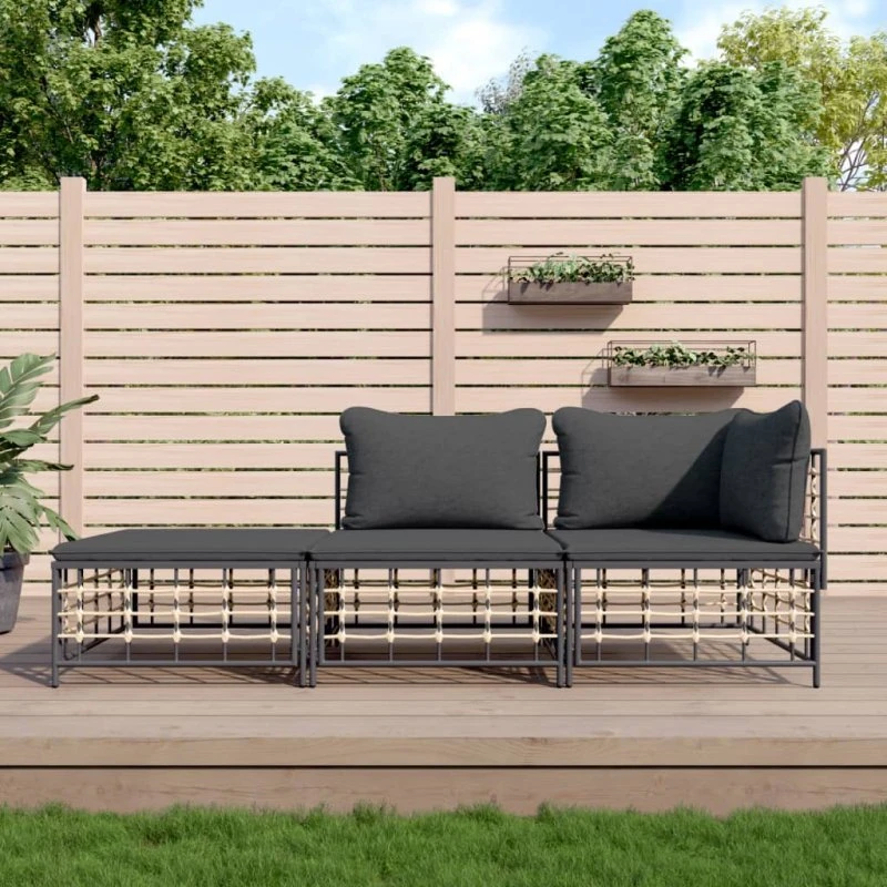 Loungesæt i polyrattan 3 dele med hynder - Antracit