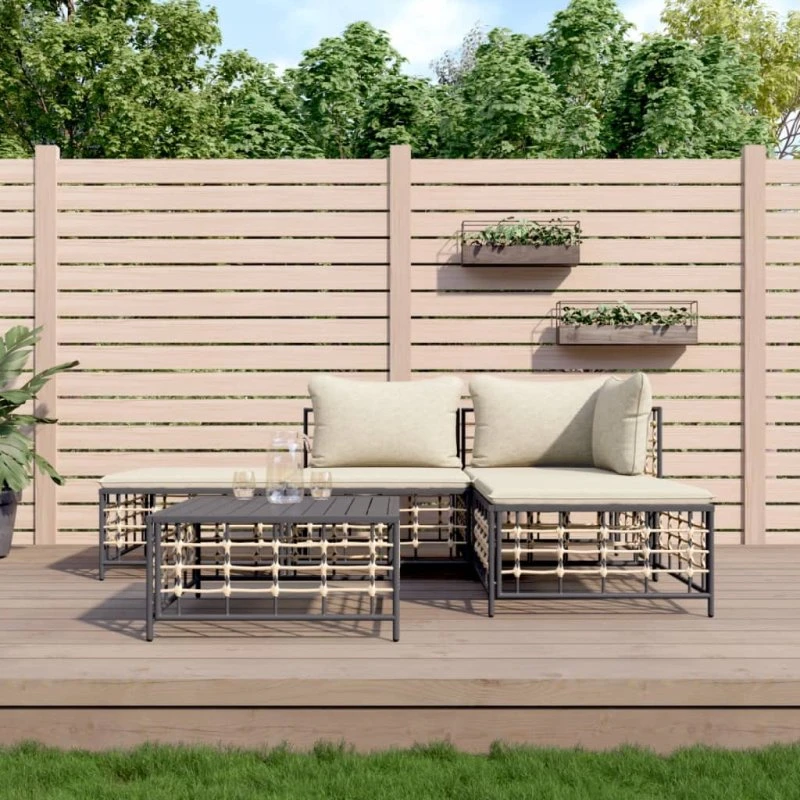 Loungesæt i polyrattan 5 dele med hynder – antracit