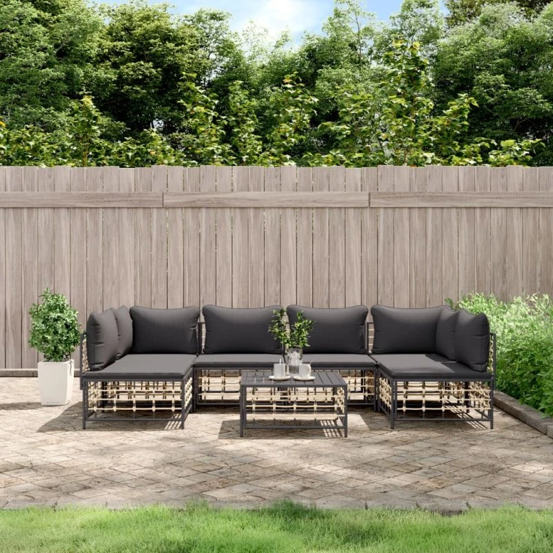 Loungesæt i polyrattan 7 dele med hynder - antracit