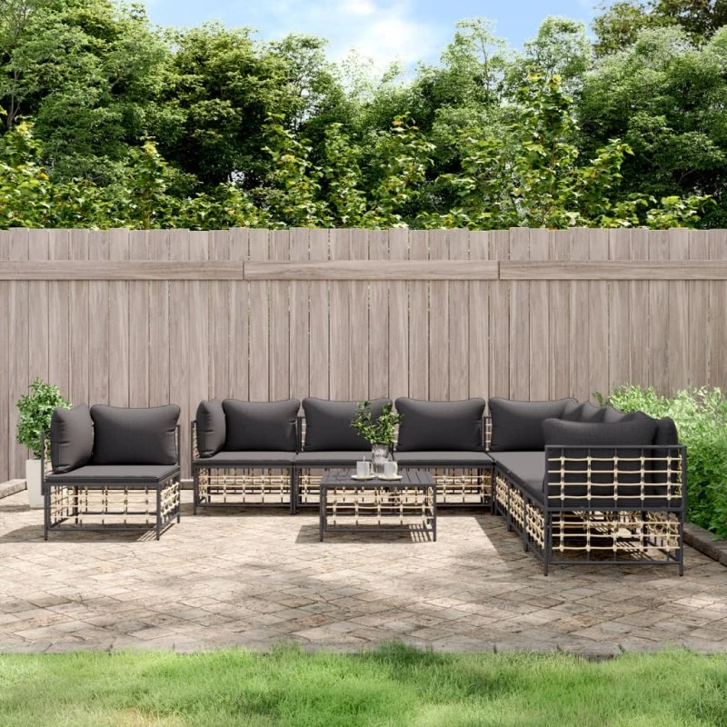 Loungesæt i polyrattan 9 dele med hynder - antracit